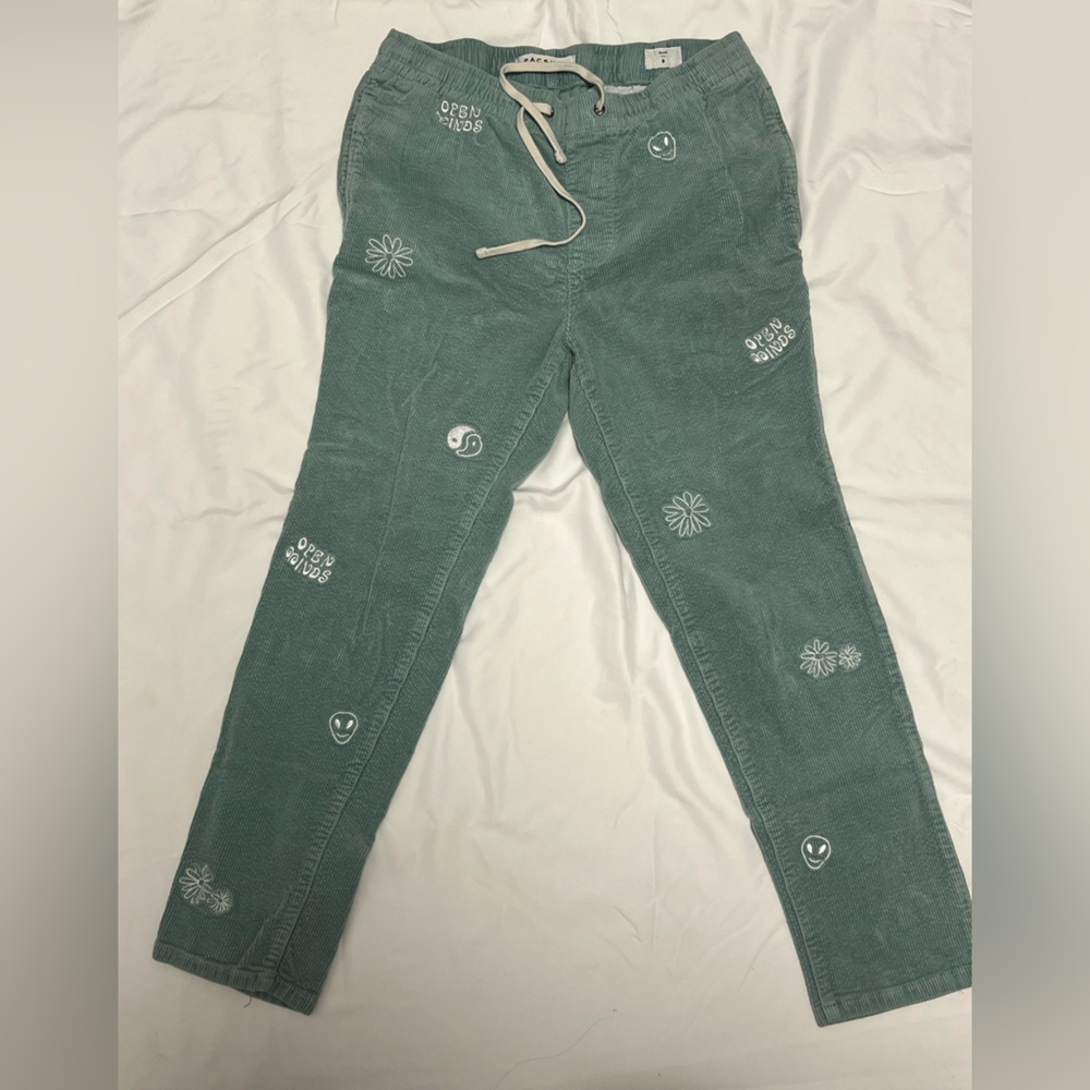 PacSun Green Corduroy Pants with White Embroidery